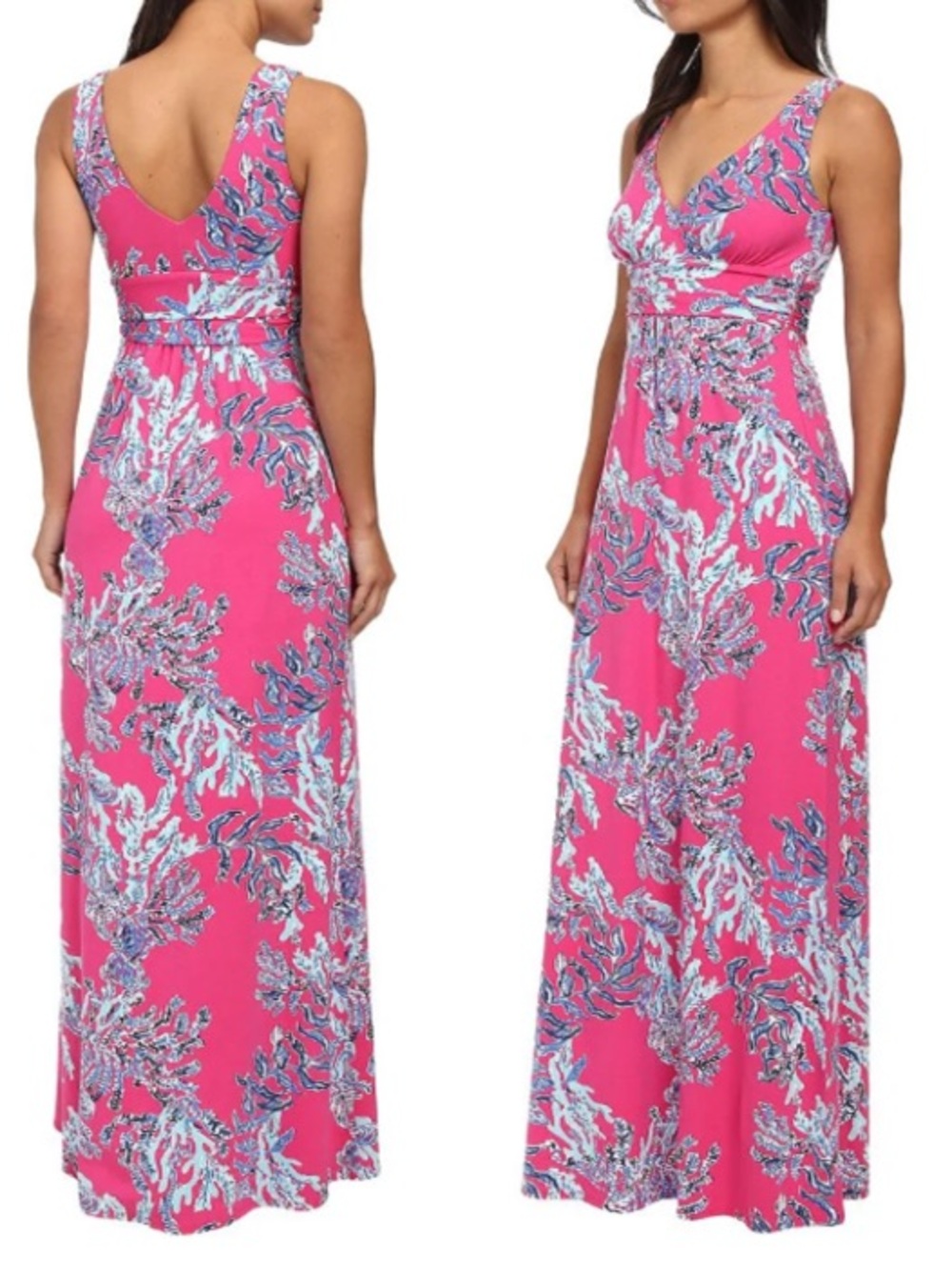 Lilly Pulitzer Pink Blue Coral Print V Neck Maxi Dress Size S Resort